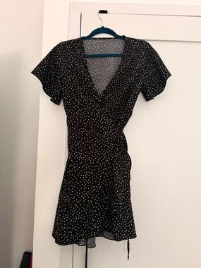 SHEIN Black White Polka Dot Mini Wrap Dress